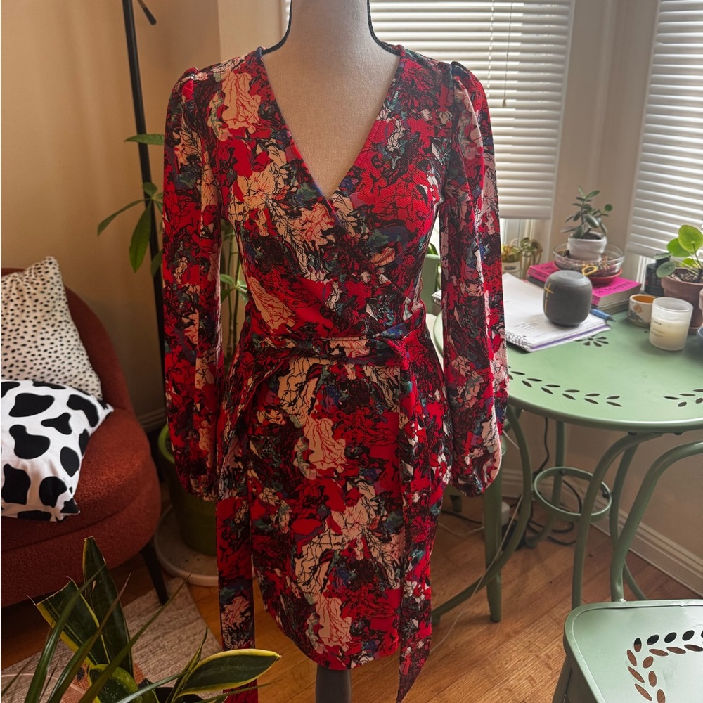 SHEIN Red and Black Floral Long Sleeve Dress